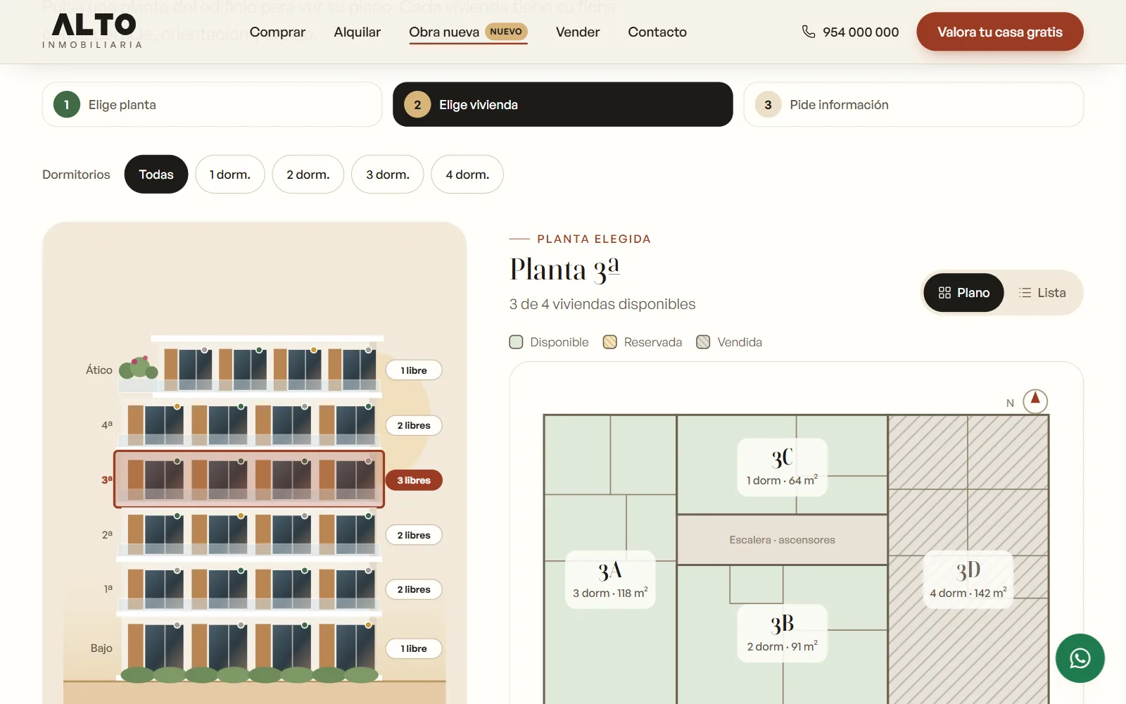 Selector de obra nueva de ALTO: el edificio por plantas con las viviendas libres de cada una y el plano de la planta 3ª con viviendas disponibles y vendidas