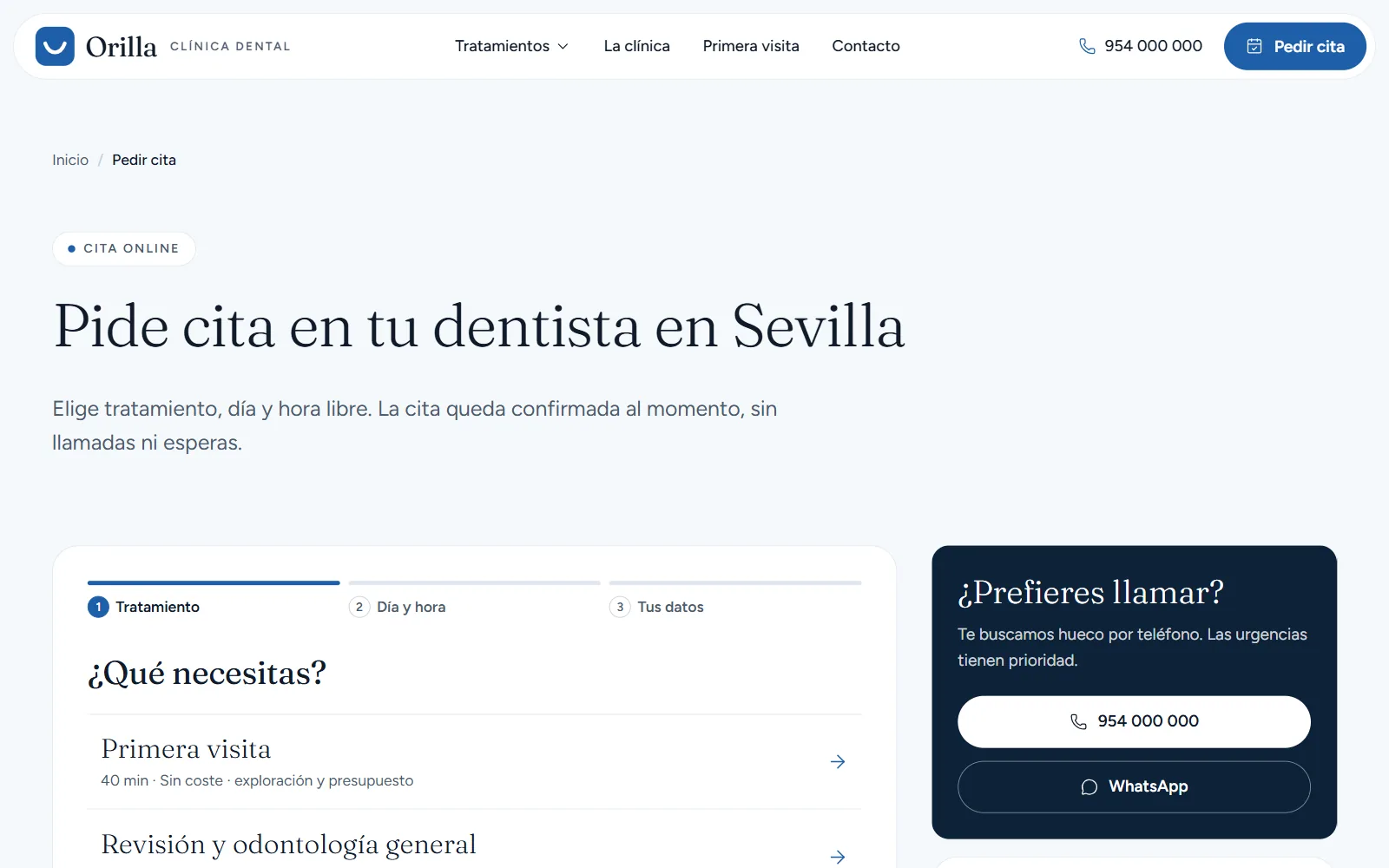 Página Pedir cita de Orilla: reserva online en tres pasos (tratamiento, día y hora, tus datos) junto a teléfono, WhatsApp y horario