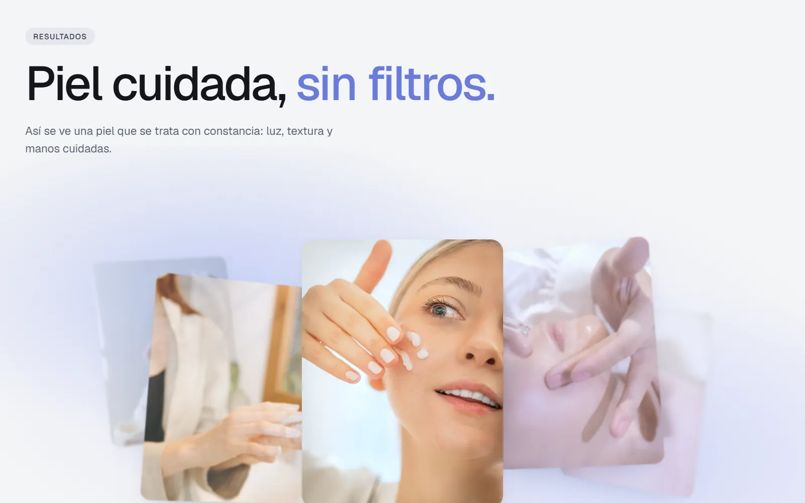 Sección «Resultados» de Nácar Estética: carrete de fotos verticales en espiral 3D, con la foto central grande y nítida y las laterales inclinadas y desenfocadas