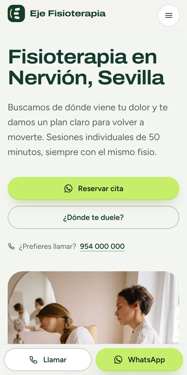 Portada de Eje Fisioterapia en el móvil, con el titular, los botones Reservar cita y ¿Dónde te duele? y la barra fija de Llamar y WhatsApp abajo