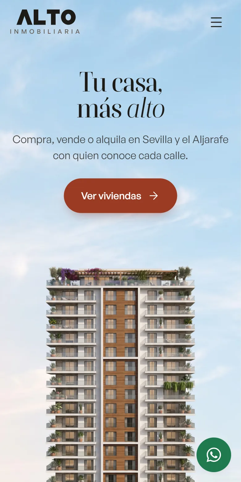 Portada de ALTO Inmobiliaria en el móvil, con el titular, el botón Ver viviendas y el edificio asomando abajo