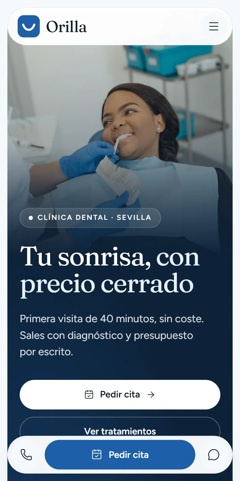 Portada de Orilla en el móvil, con el titular, el botón Pedir cita y la barra fija de cita, llamada y WhatsApp abajo
