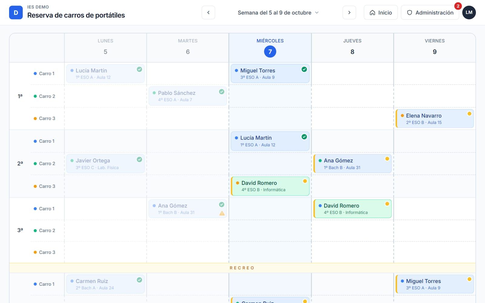 Calendario semanal de reserva de carritos de portátiles del IES Demo en escritorio: días de lunes a viernes, franjas de 1.ª a 6.ª hora con el recreo y reservas con el nombre del profesor, el curso y el aula